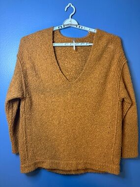 Free People Rust Deep V-Neck Textured Knit Sweater Chunky Knit Oversized Stretch